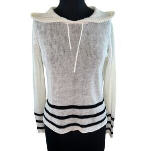 360 Sweater Linen Loose Knit White and Black Stripe Pullover Hooded Sweater XS